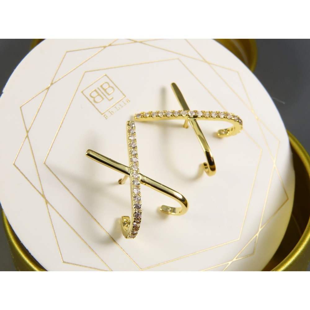 New B.B. LILA EARRINGS Gold Tone "X" Criss-Cross CLEAR CRYSTALS Cute Gift Box